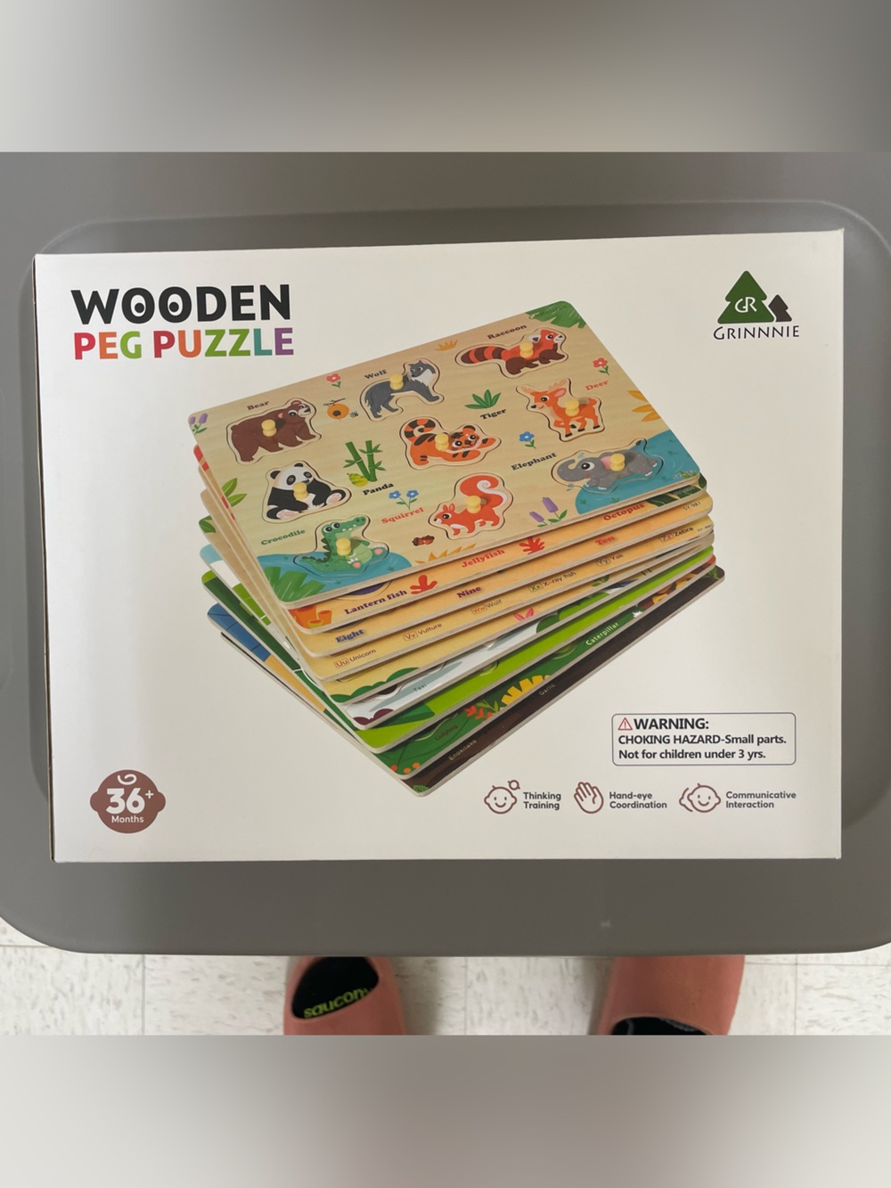 Wooden Peg Puzzles - Animals + Alphabet + Transportation - 9 puzzles